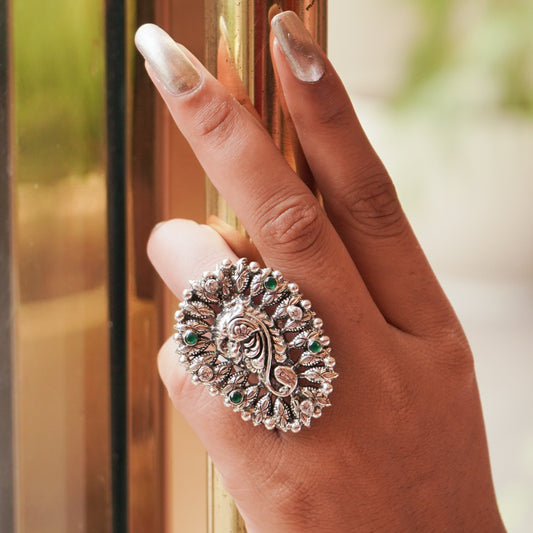 Classy Silver Ring with Green Buds