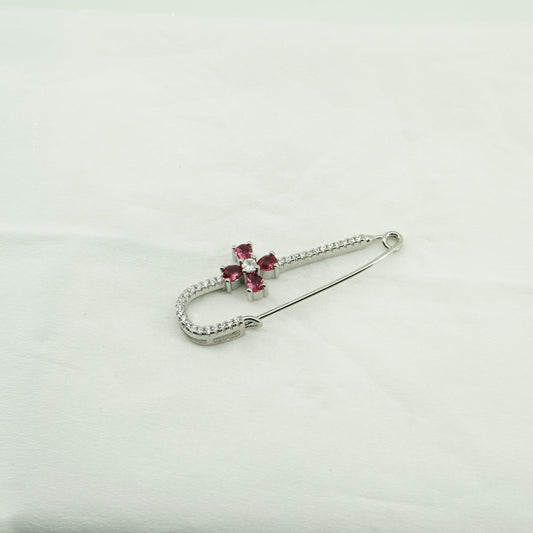 Sterling Silver Pink Flower Safety Pin