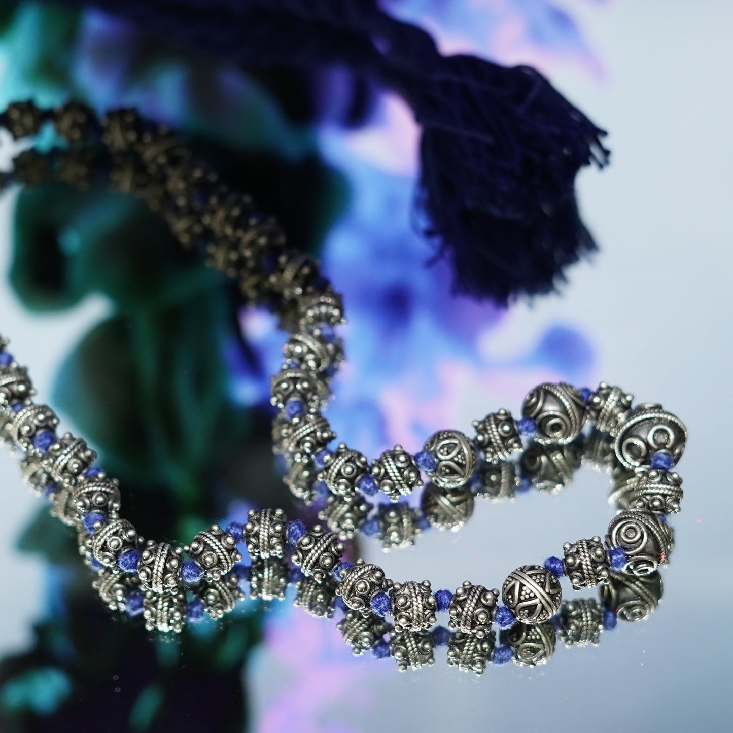 Blue Threaded Tassle Necklace