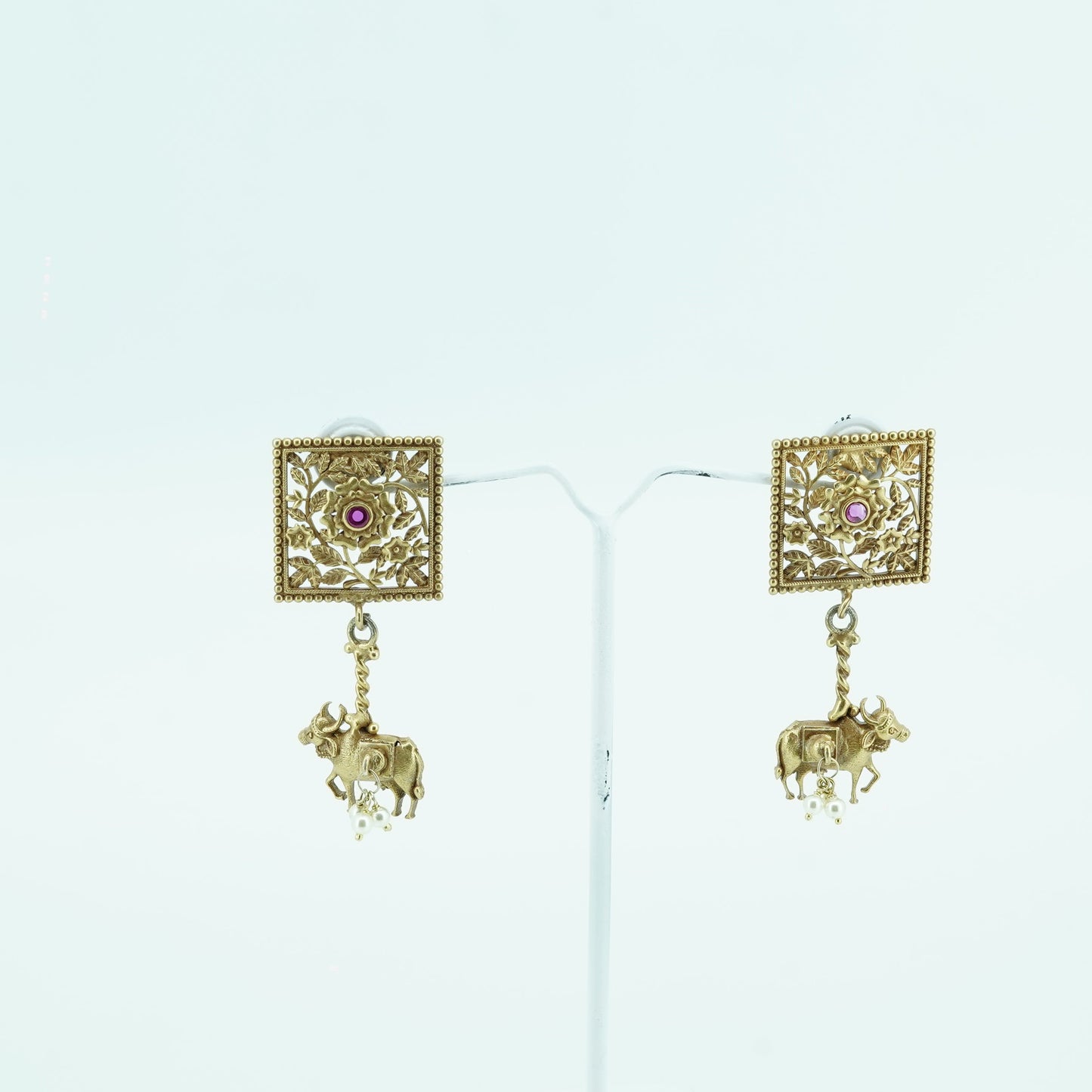 Bull And Floral Design Drop Earring