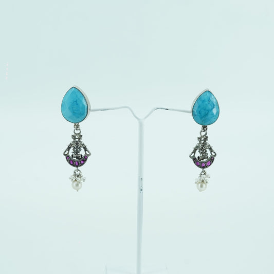 Oval Shaped Blue Coloured Drop Earring With Pearls