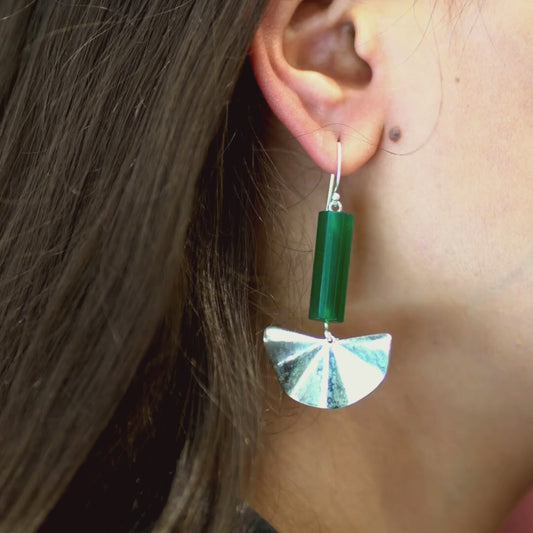 Silver Long Green Stripped Earring