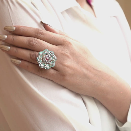 Leafy Designed with Pink Bud Silver Ring