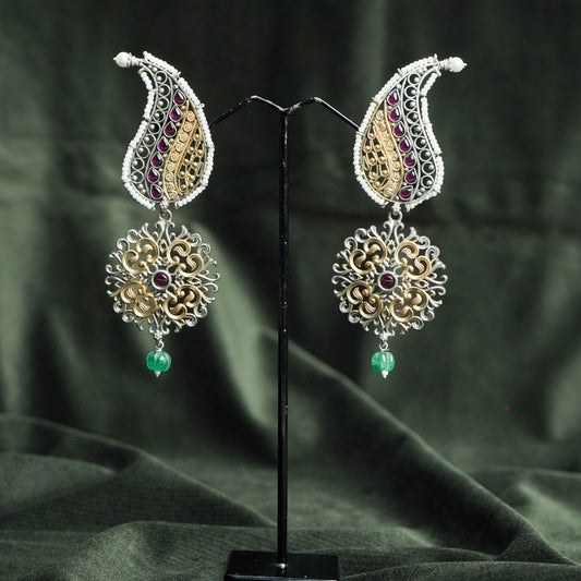 Leaf Shaped Silver Earring with Green Beed