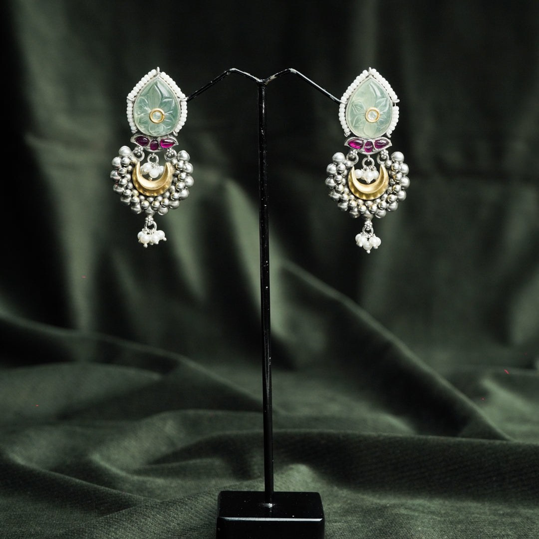 Green Stone Embedded Silver Earring