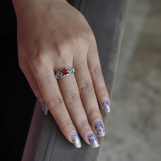 Red stone Engraved Silver Ring