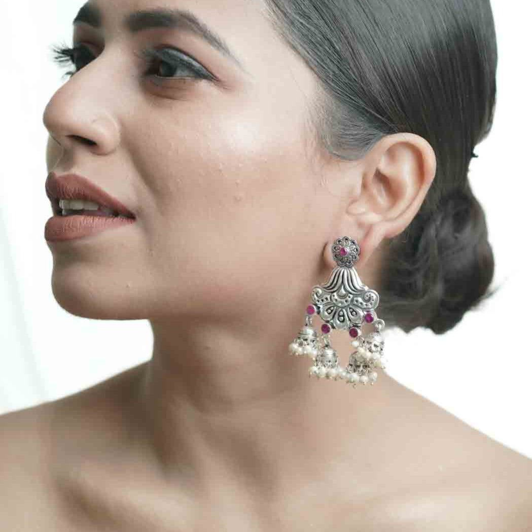 Antique Silver Earing With Pink Stone